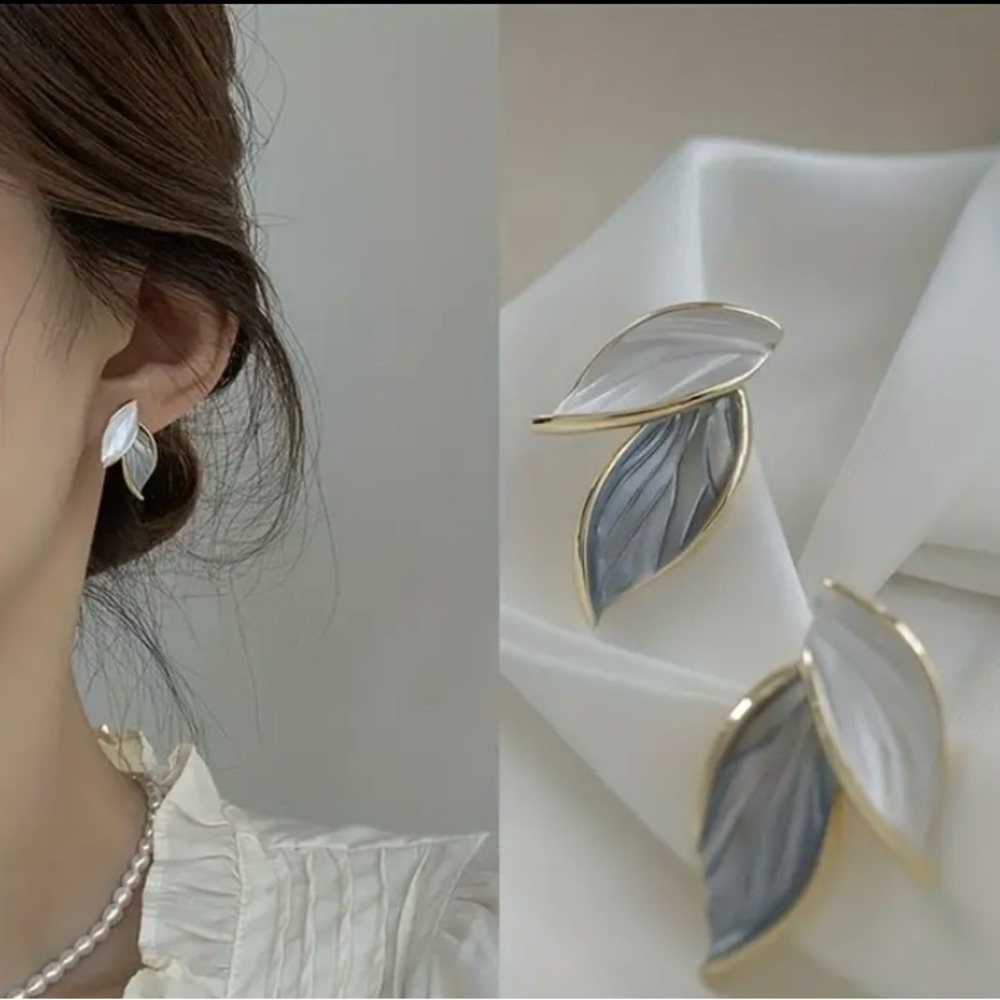 14K Gold Plated Blue and White Leaf Earrings